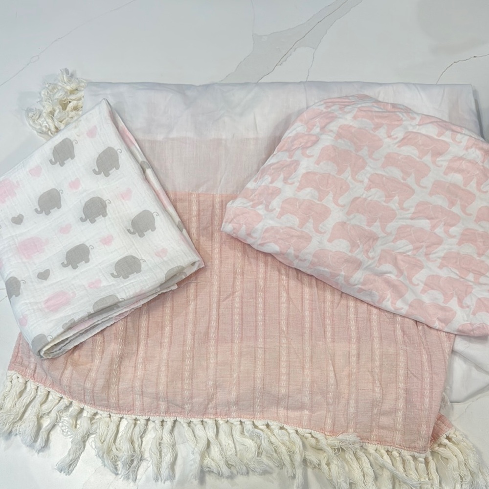 Elephant Baby Sleep Set - Crib Skirt, 100% cotton Crib sheet &  swaddle blanket